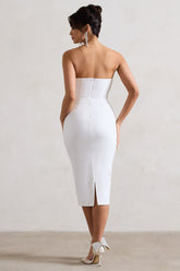 White Bodycon V-Neck Midi Dress With Flowers
